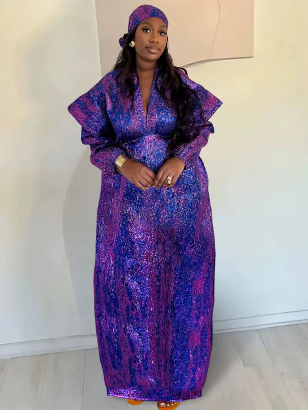 Metallic Purple-Blue Maxi Dress with Matching Headscarf